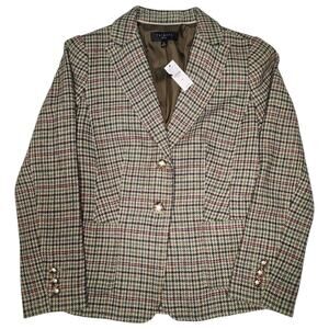 Talbots Beige Houndstooth Owl Print Lined Classic Preppy Surgeon Blazer Women 4P